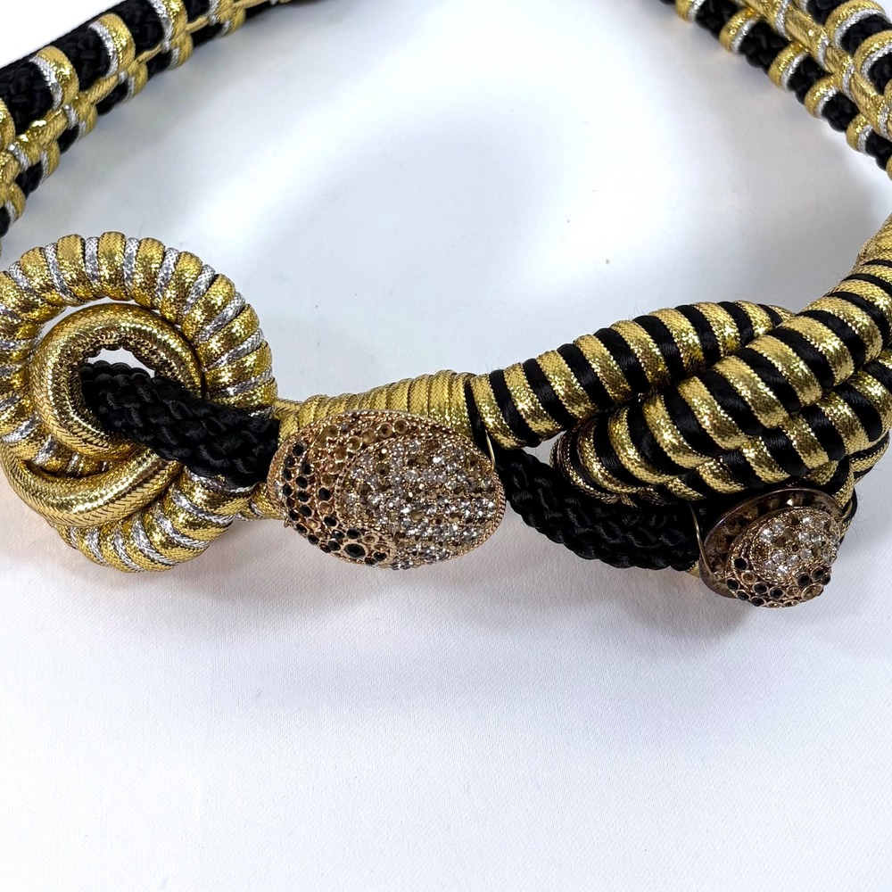 Vintage 80s Woven Cord Belt Gold Silver  Metallic Crystal Medallion Statement